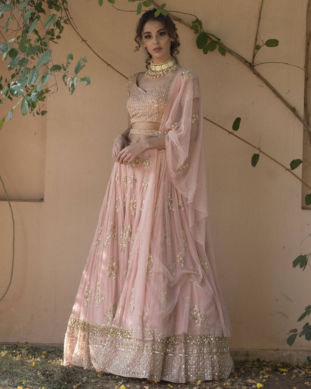 Blush Pink Bootie Lehenga With Gold Work