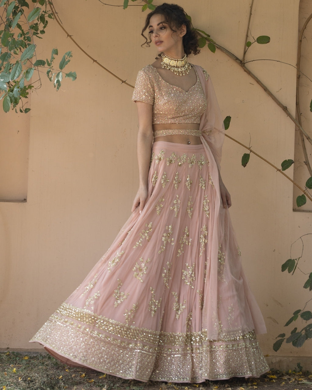 Blush Pink Bootie Lehenga With Gold Work