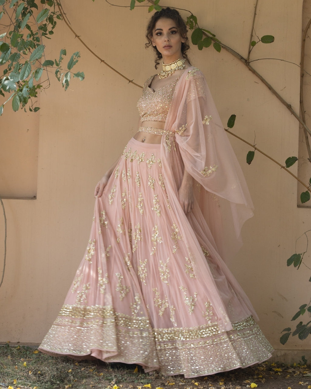 Blush Pink Bootie Lehenga With Gold Work