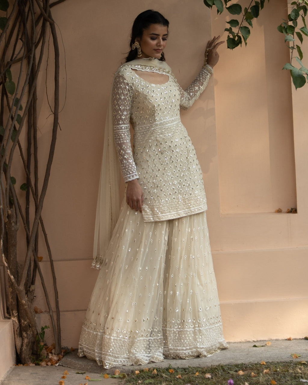 White Thread work Kurti And Sharara Set