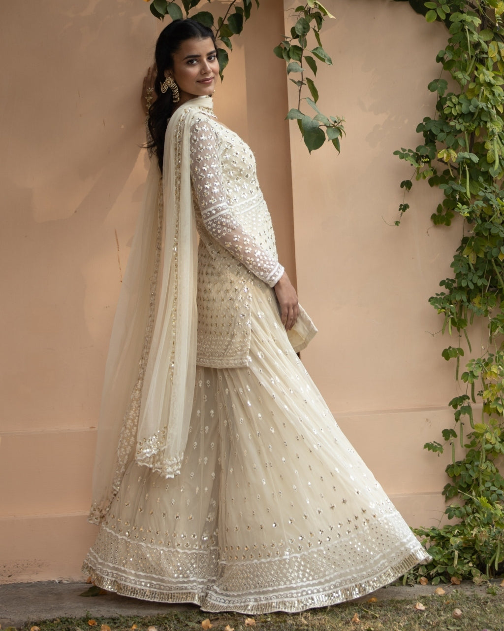 White Thread work Kurti And Sharara Set