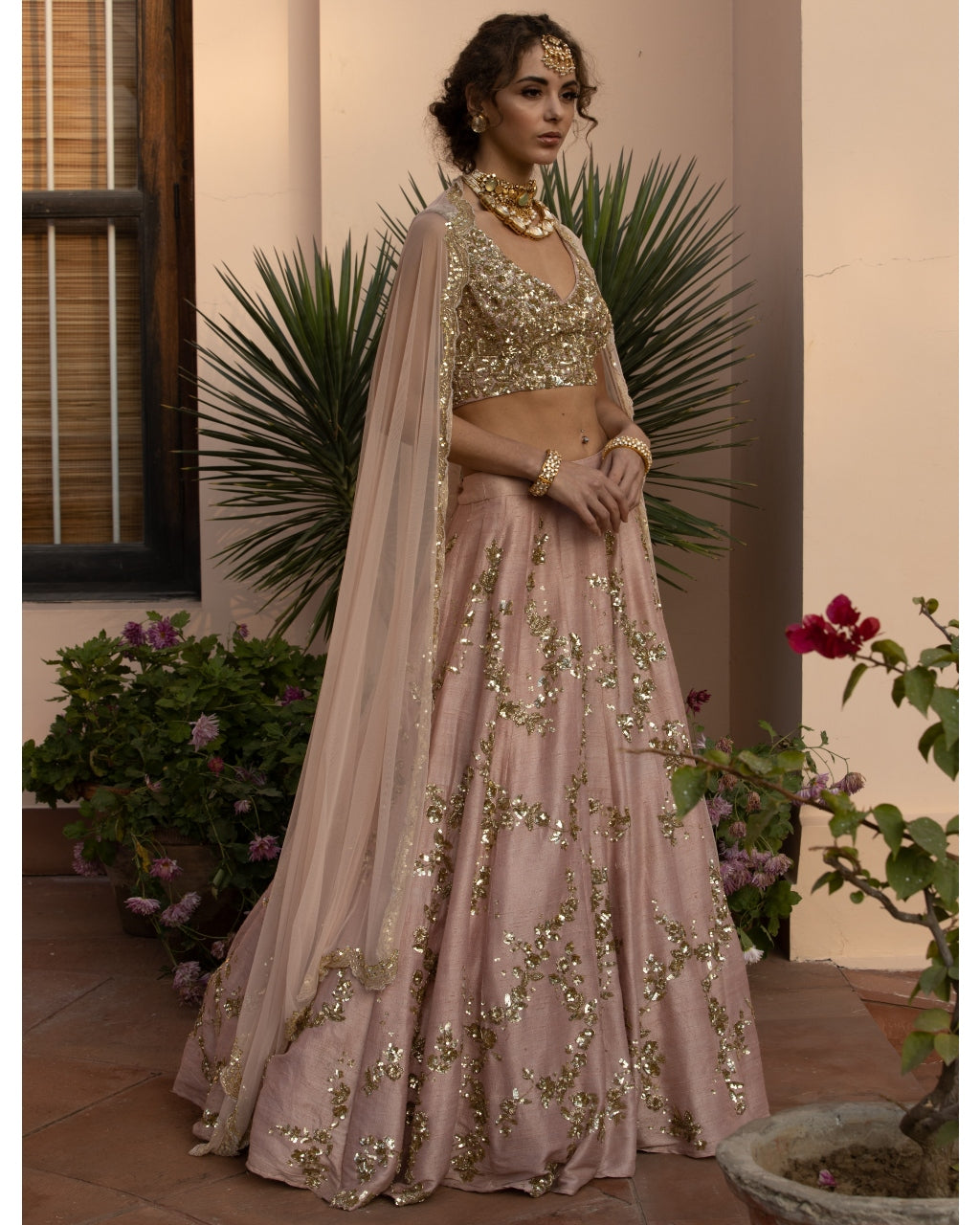 Baby Pink With Gold Jaal Work Lehenga Set