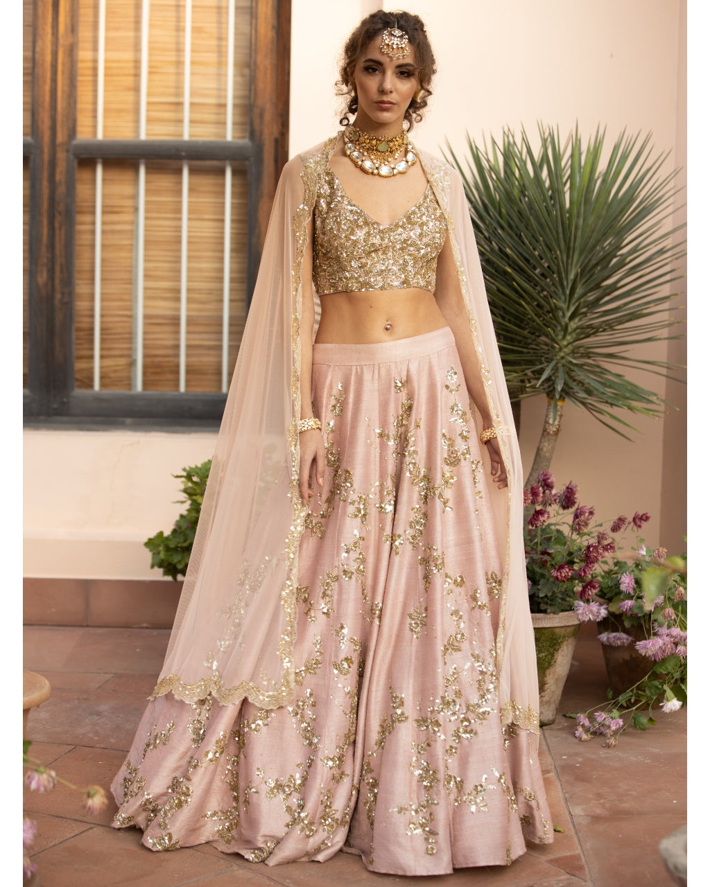 Baby Pink With Gold Jaal Work Lehenga Set