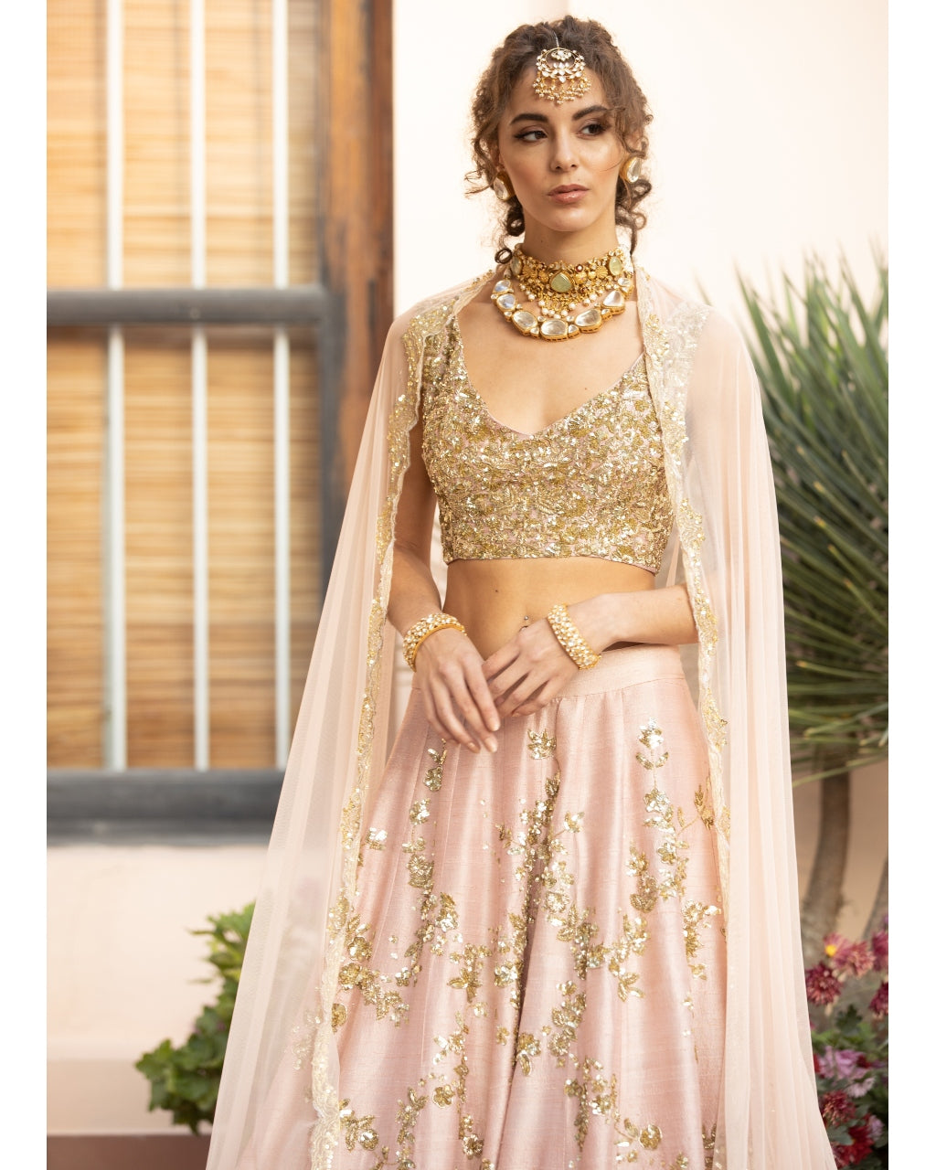 Baby Pink With Gold Jaal Work Lehenga Set