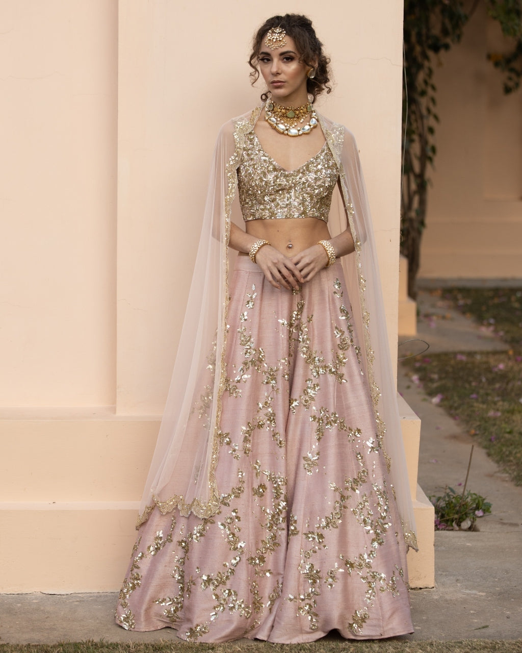 Baby Pink With Gold Jaal Work Lehenga Set