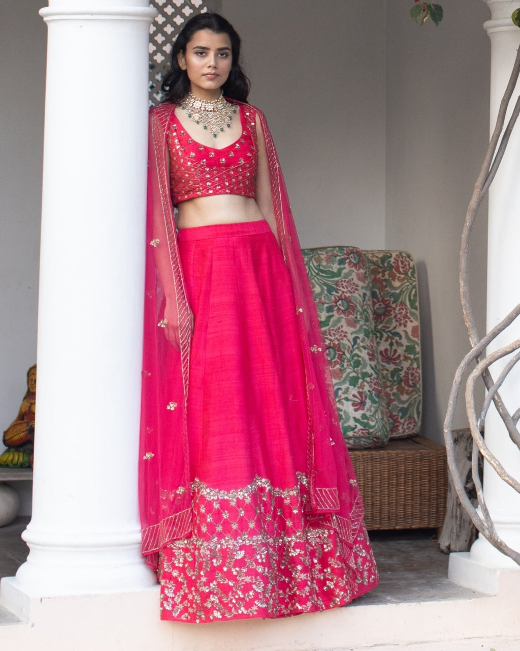 Dark Pink And Gold Lehenga With Choli And Dupatta