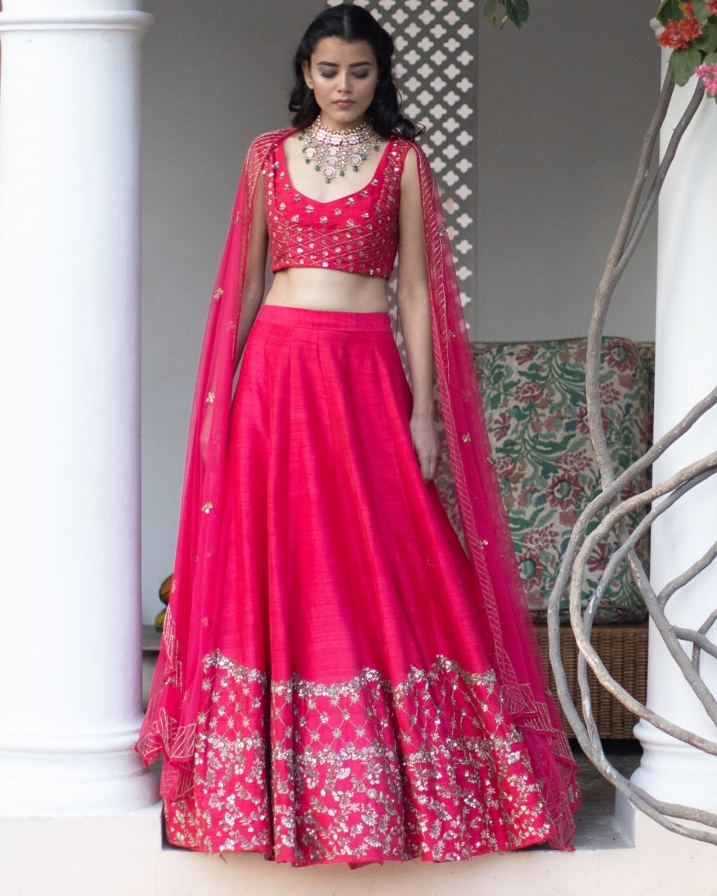 Dark Pink And Gold Lehenga With Choli And Dupatta