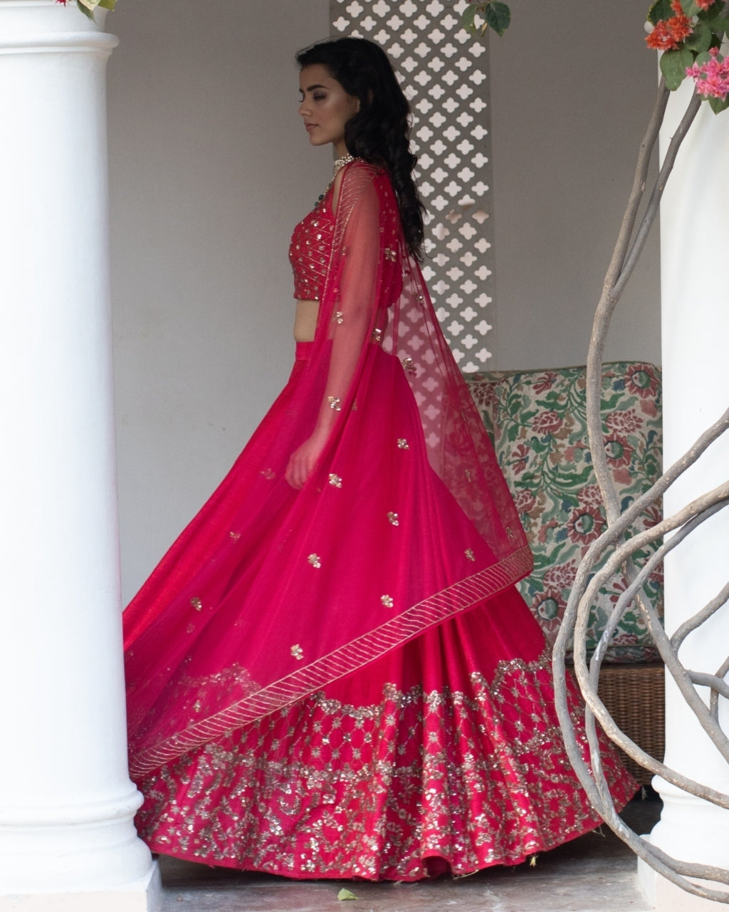 Dark Pink And Gold Lehenga With Choli And Dupatta