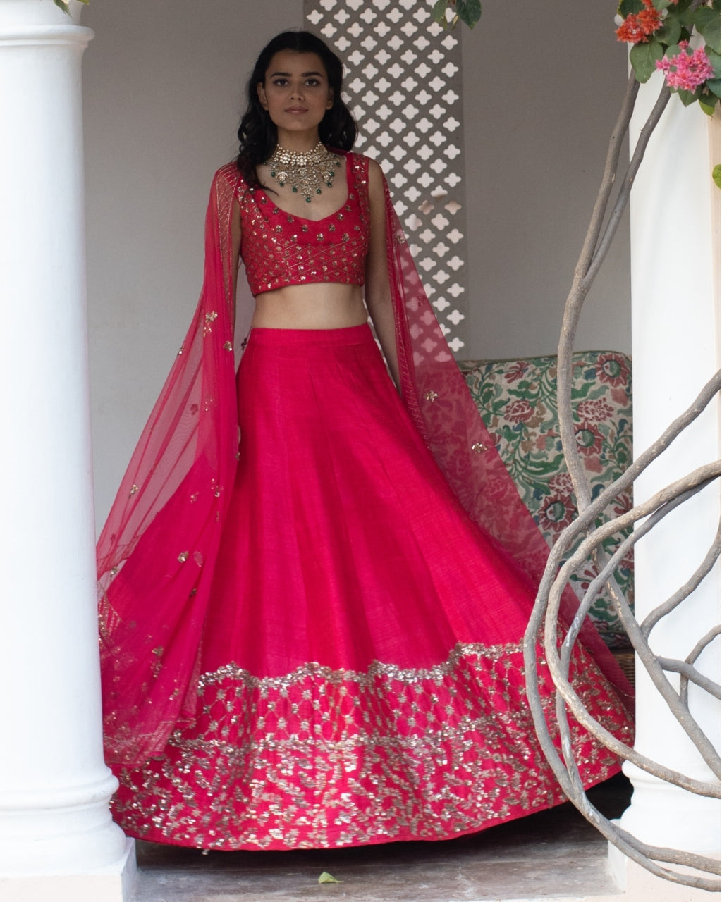 Dark Pink And Gold Lehenga With Choli And Dupatta