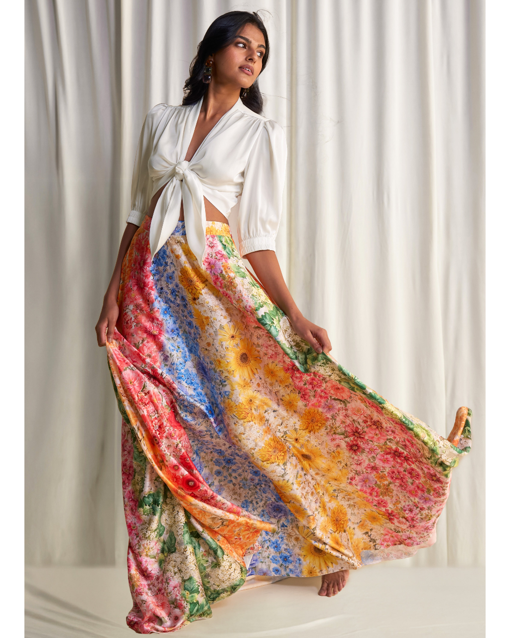 Front-Tie Top & Multi-Floral Maxi Skirt