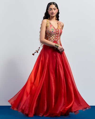 Burnt Orange Embroidered Corset Skirt Set