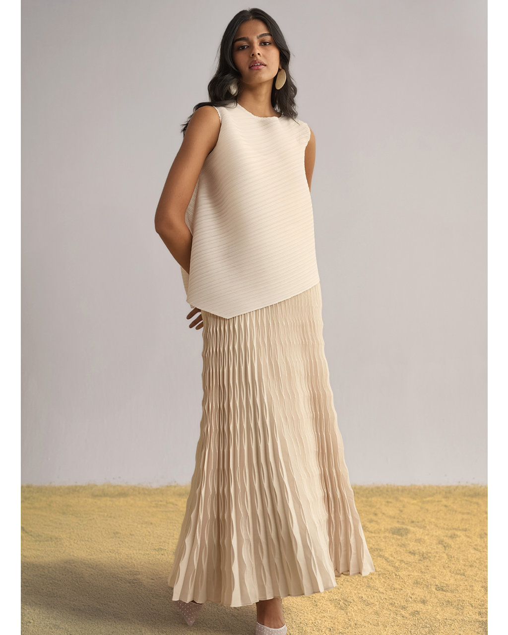 Asymmetric Pleated Top & Irregular Pleated Maxi Skirt