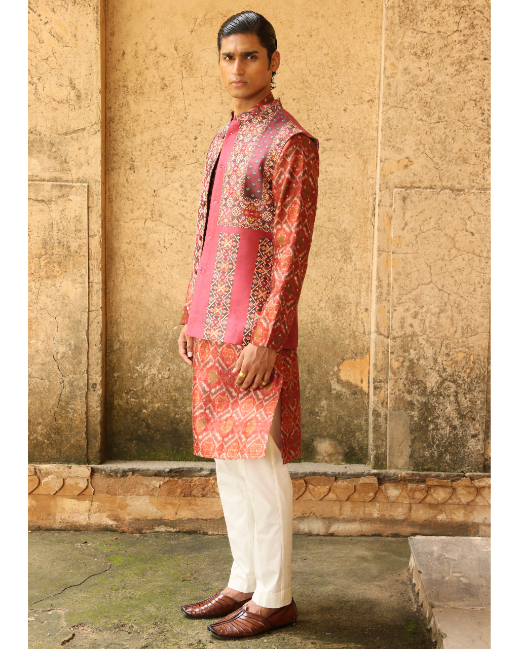 Rust Ikat Silk Bundi Set