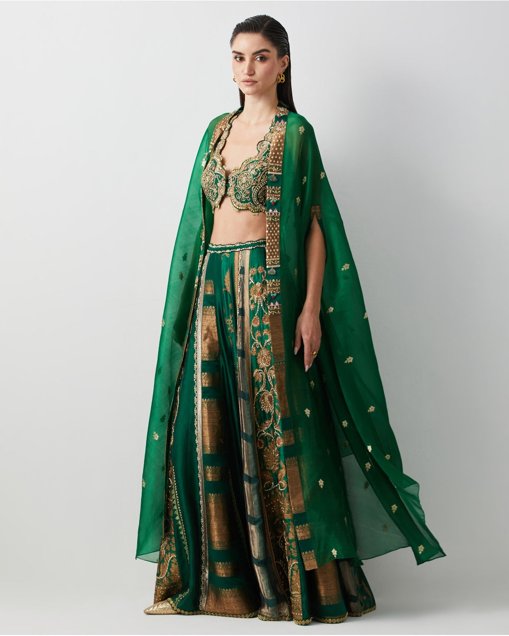 Emerald Green Hand Embroidered Cape Set