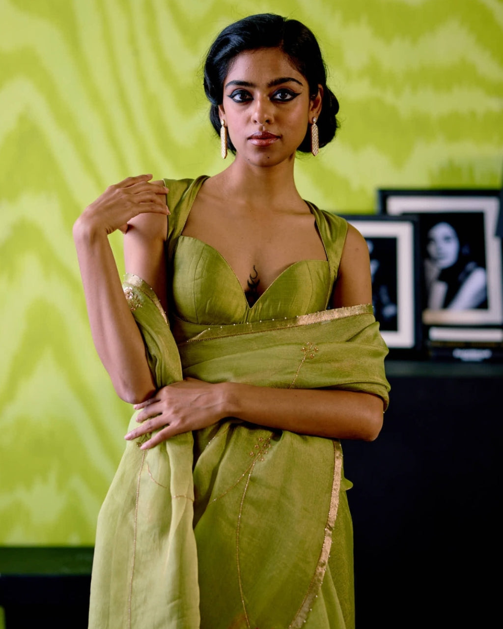 Green Organza Sari With Blouse Set
