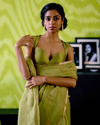 Green Organza Sari With Blouse Set