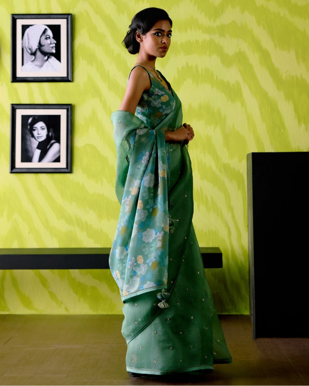 Green Apple Organza Sari With Blouse Set