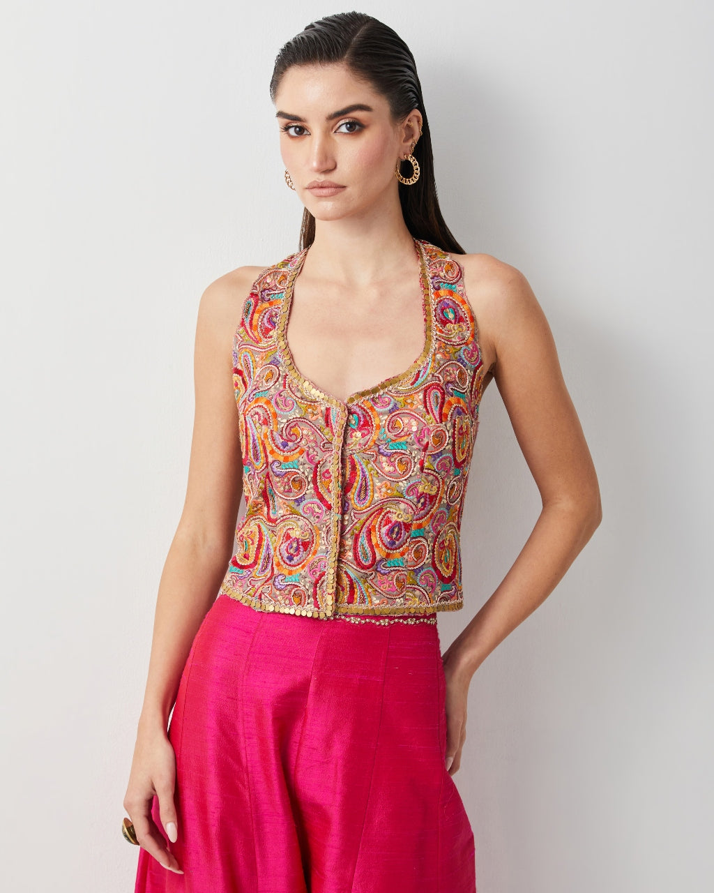 Hot Pink Embroidered And Multi Corset Plazzo Set