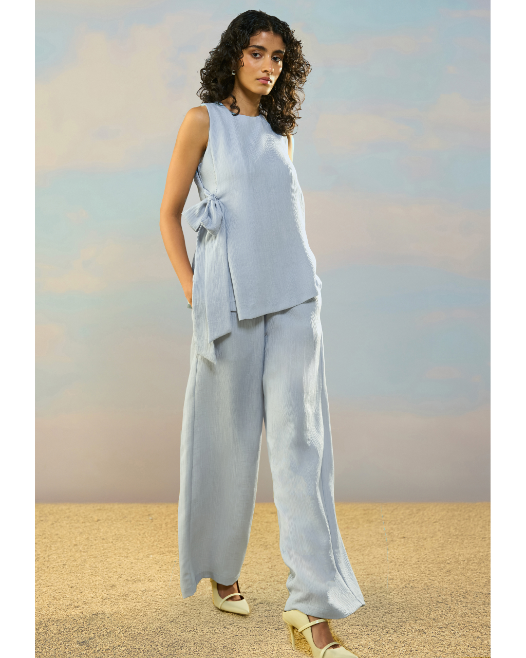 Textured Side-Tie Top & Wide-Legged Pant Set