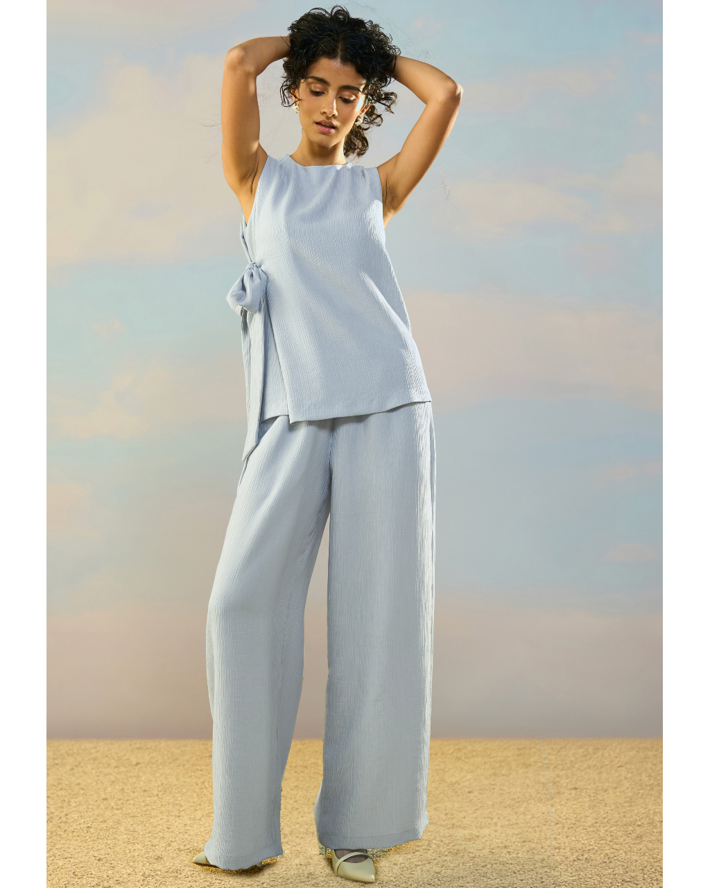Textured Side-Tie Top & Wide-Legged Pant Set