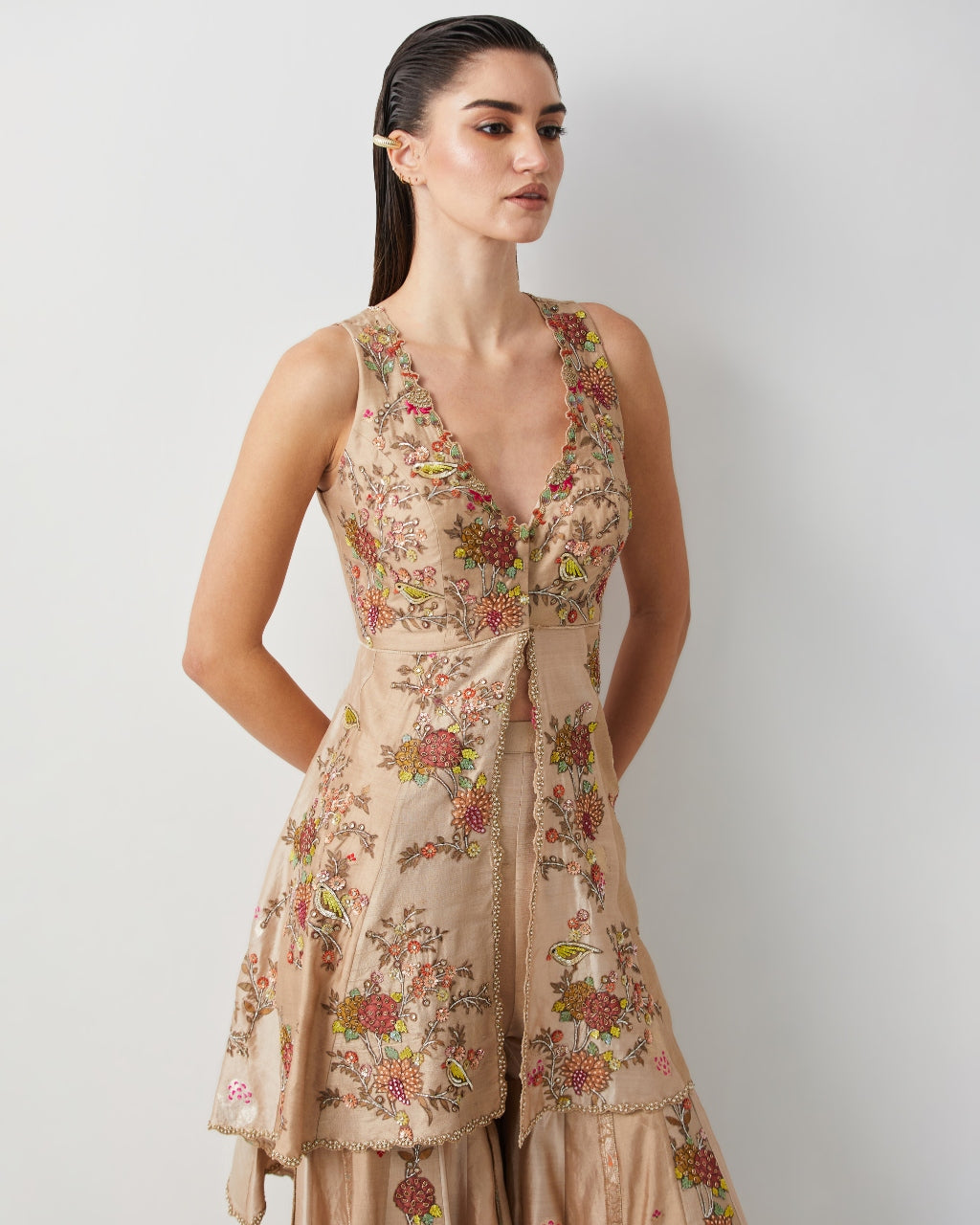 Ivory Silk Embroidered Peplum Sharara Set