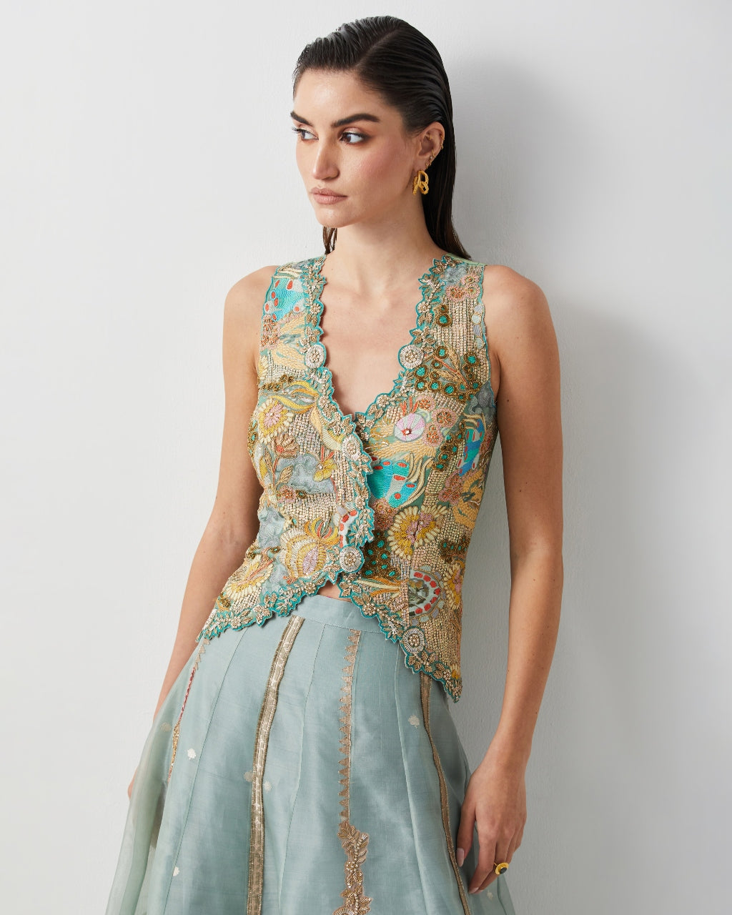 Aqua Embroidered Skirt Corset Set