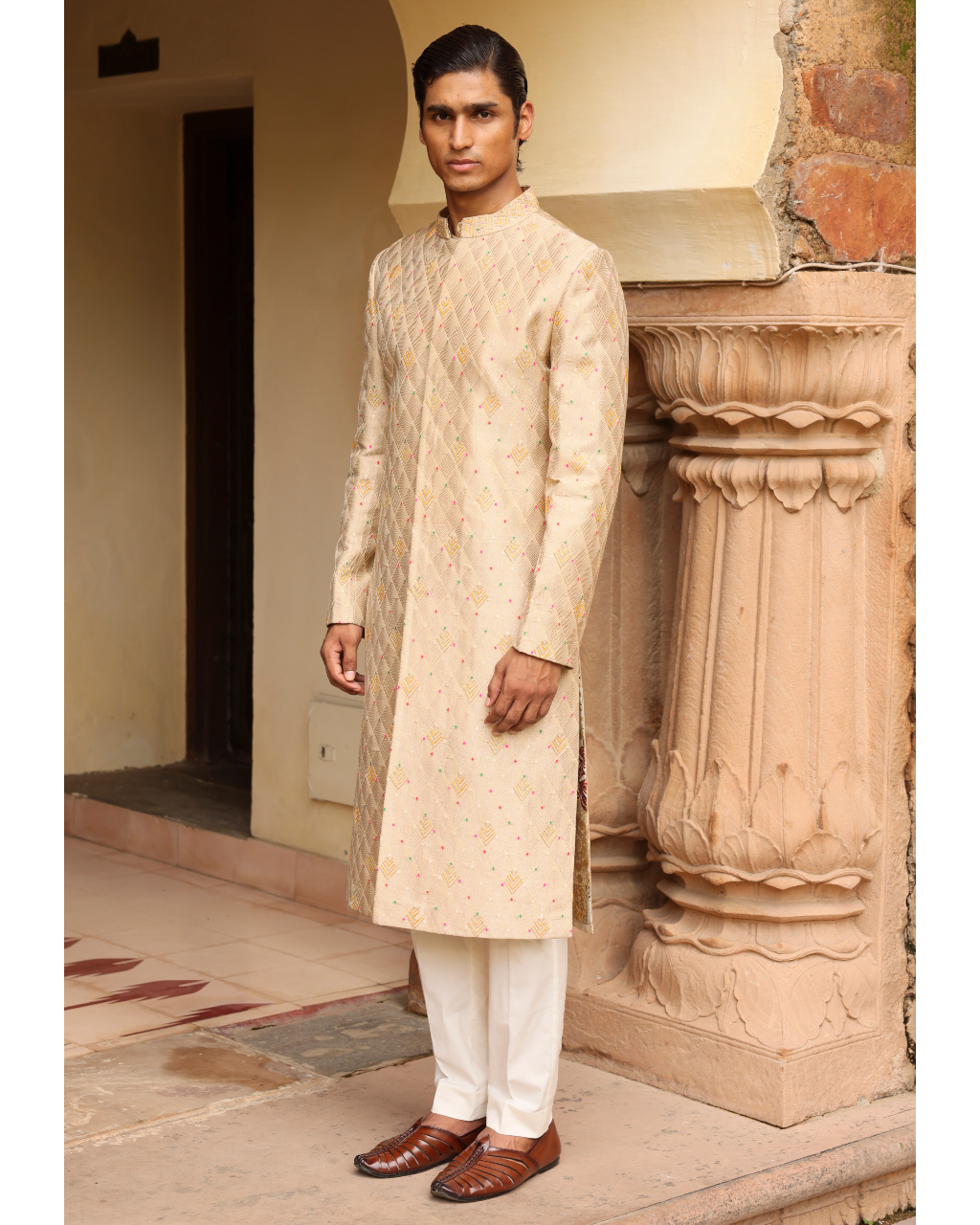 Ivory Embroidered Sherwani Set