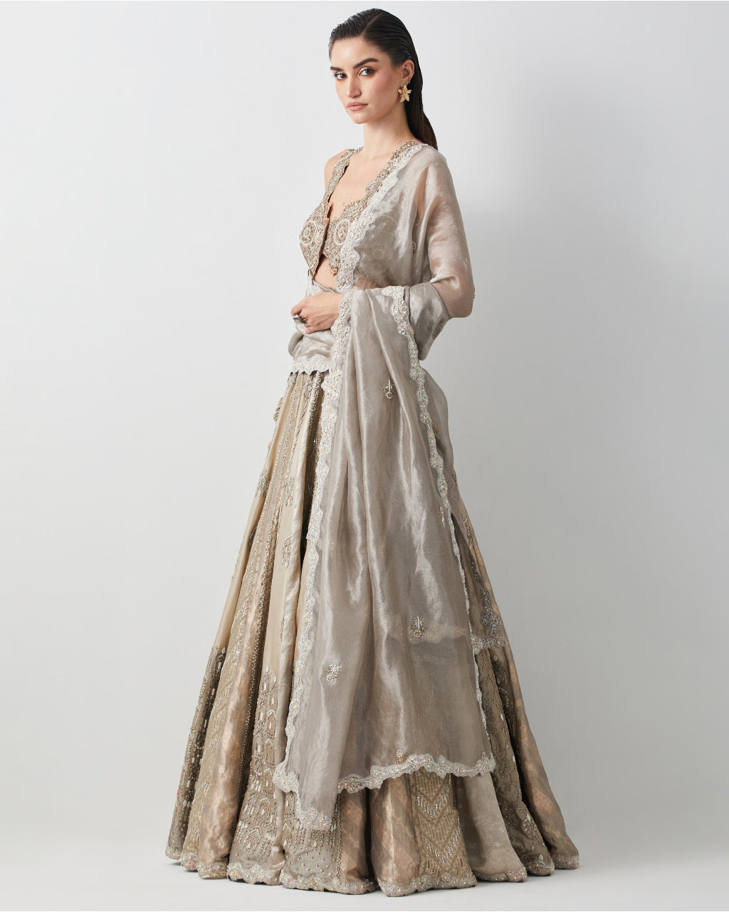 Silver Hand Embroidered Silk Brocade Lehenga Set