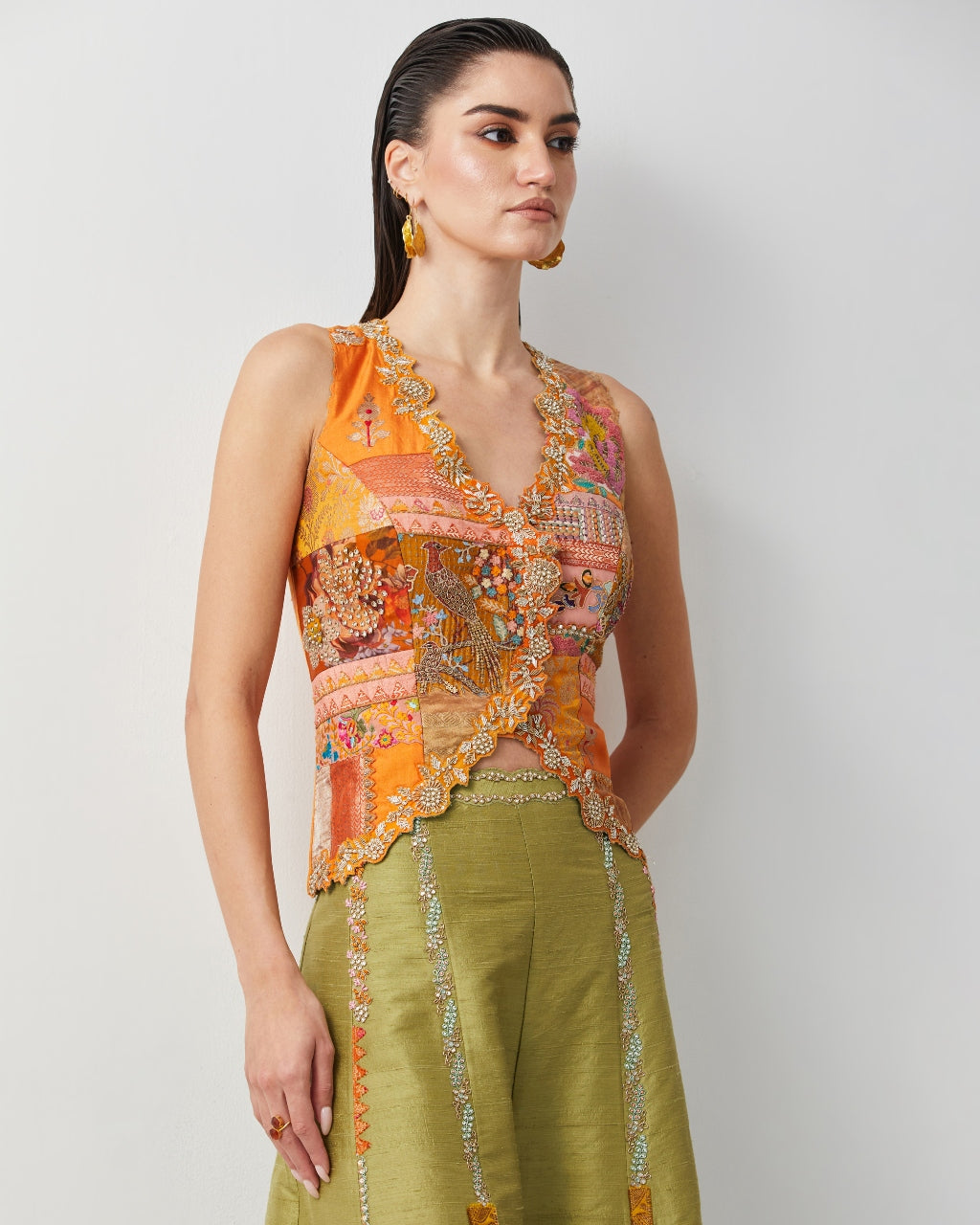 Embroidered Silk Jacket Top With Olive Plazzo Set.