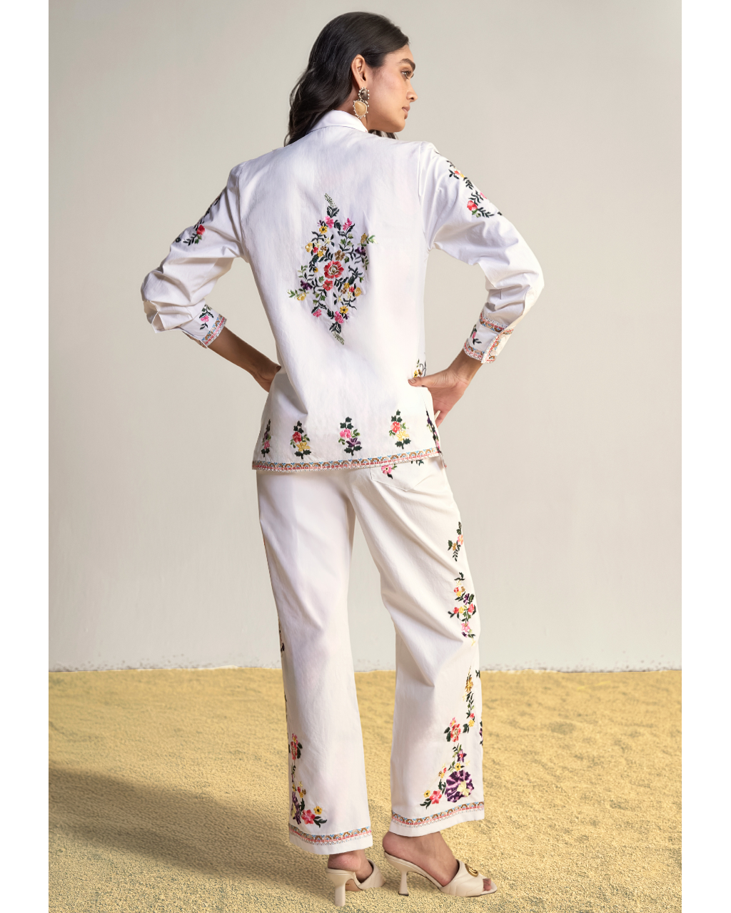 Placement Floral Embroidered Poplin Pant Set