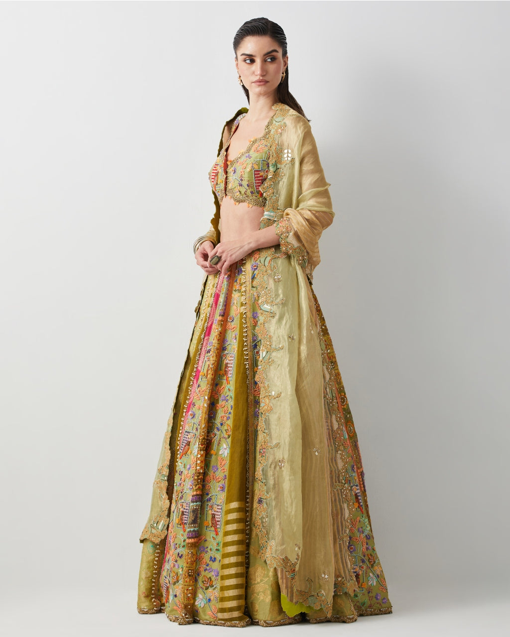 Lime Yellow Hand Embroidered Silk Lehenga Set