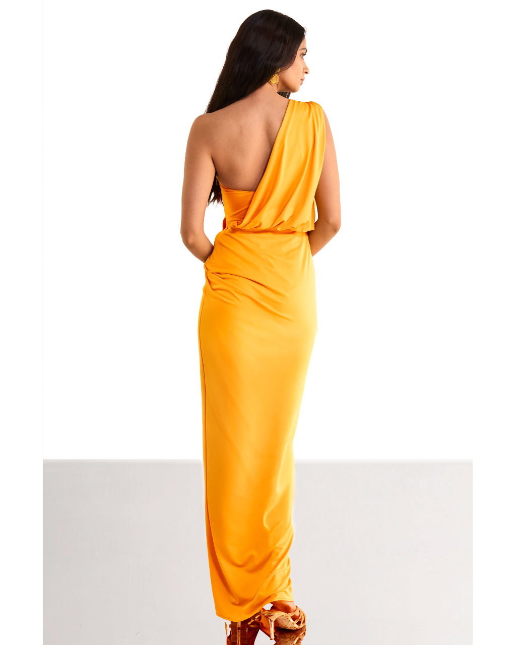 One Shoulder Draped Knit Sari Gown