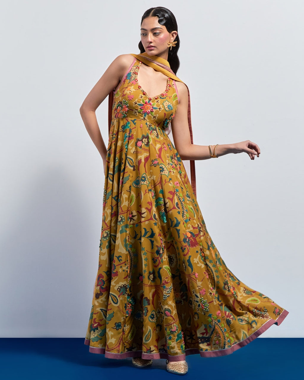 Mustard Yellow Hand Embroidered Anarkali Set