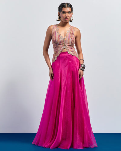 Hot Pink Embroidered Corset Skirt Set