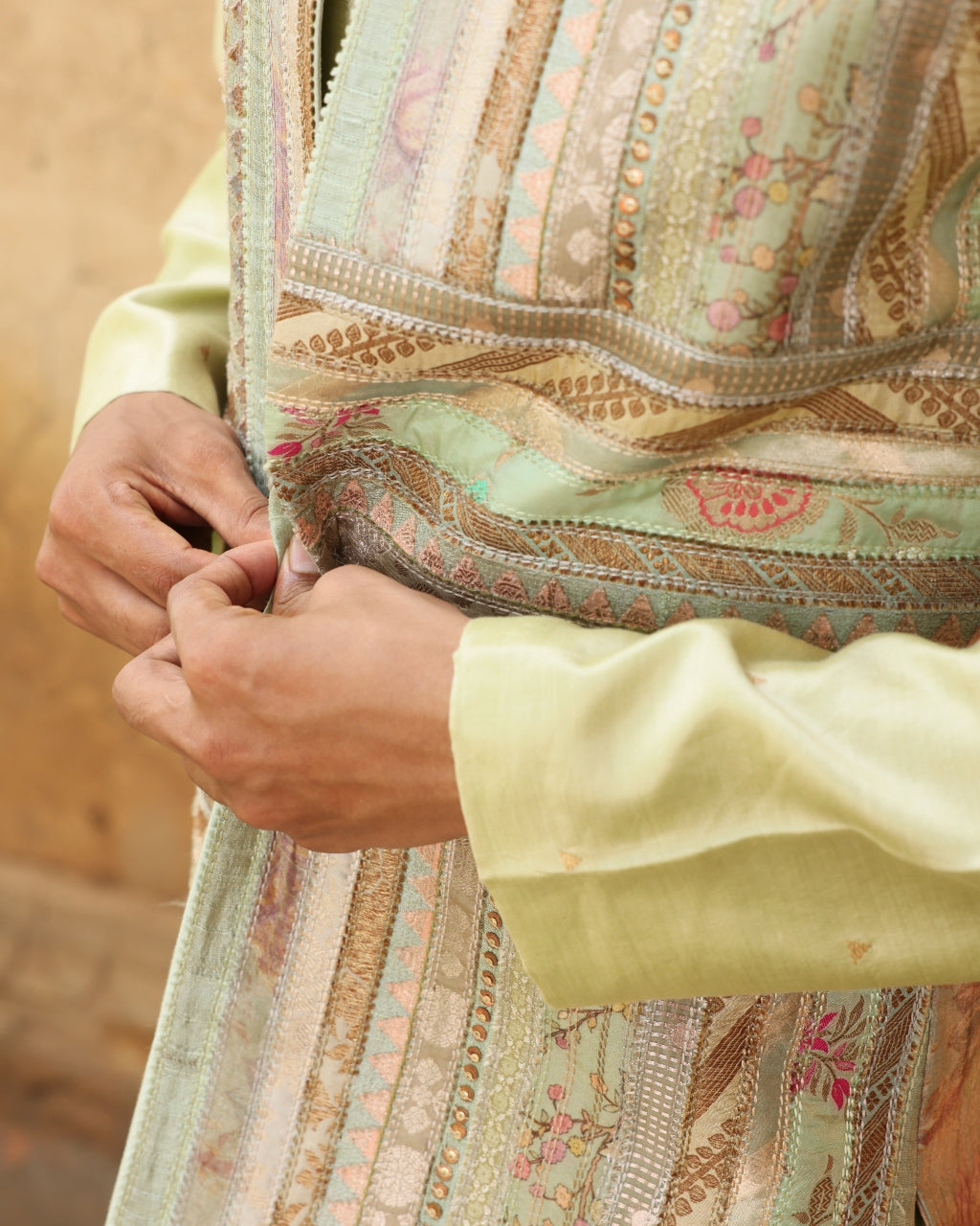 Mint Green Silk Kurta Set With Brocade Jacket