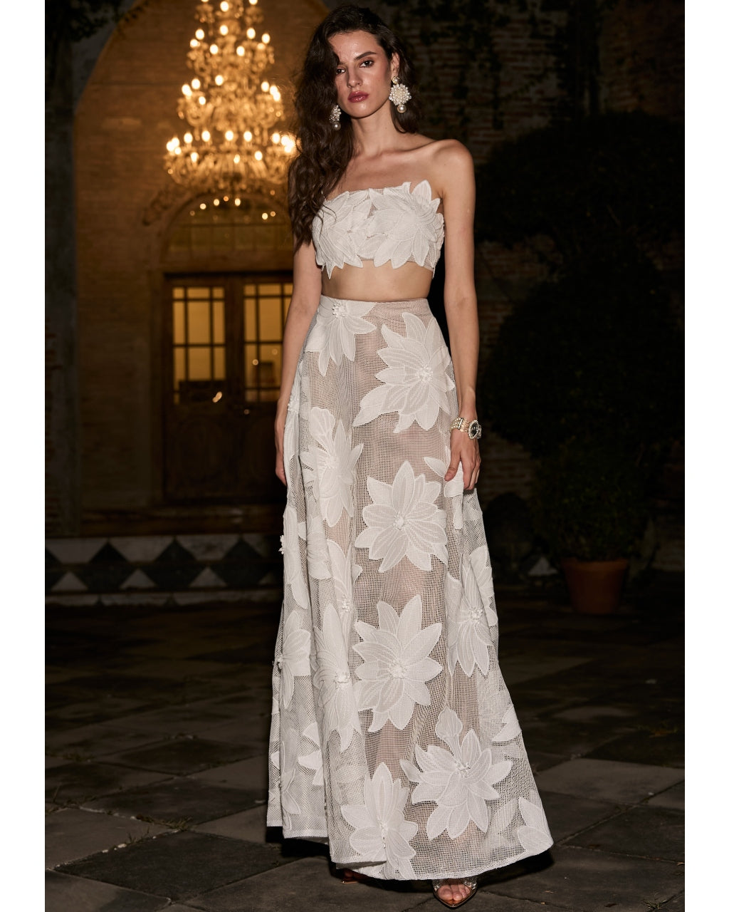 Floral Lace Appliqué Bandeau & Maxi Skirt Set