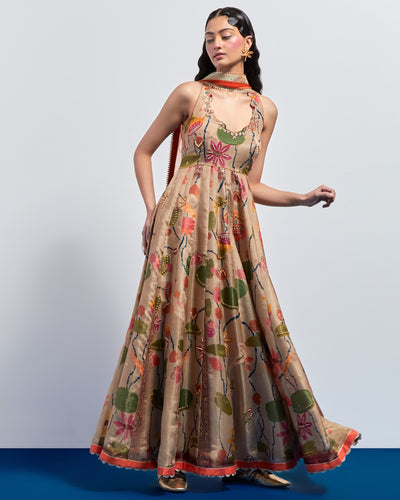 Beige Floral Anarkali Set