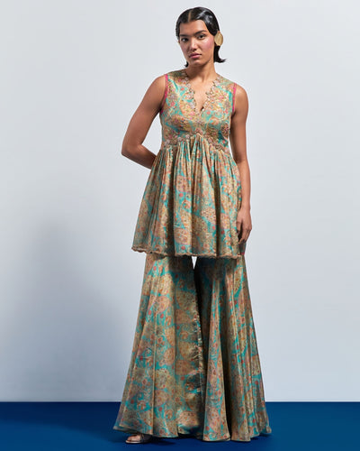 Sage Green Embroidered Peplum Sharara Set