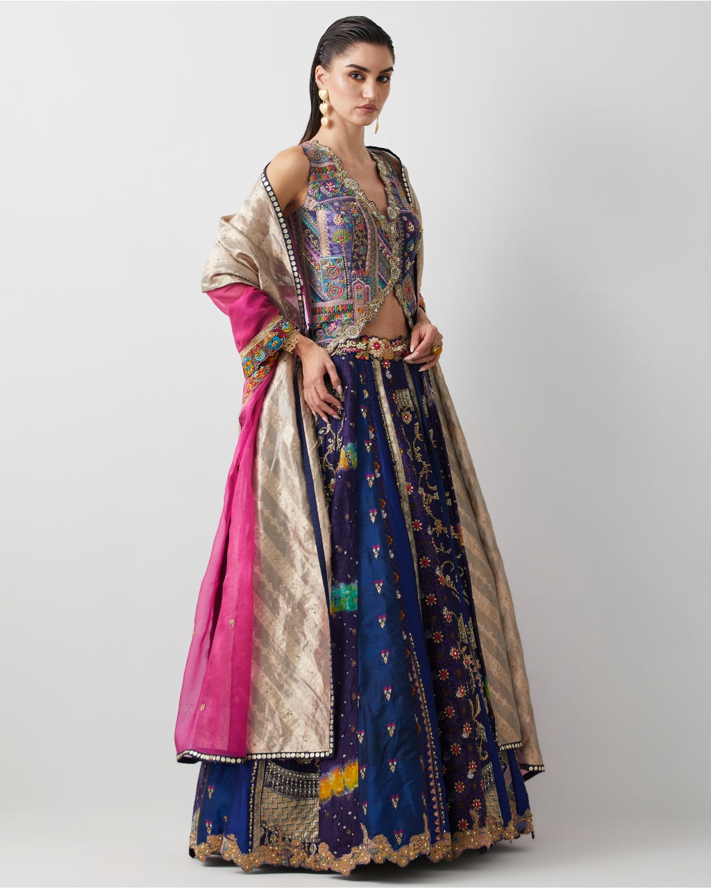 Royal Blue Silk & Brocade Lehenga Set With Corset And Organza Dupatta