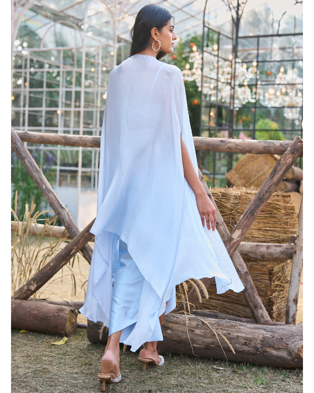 Degrade Pearl Embellished Cape & Bralette With Draped Satin Skirt