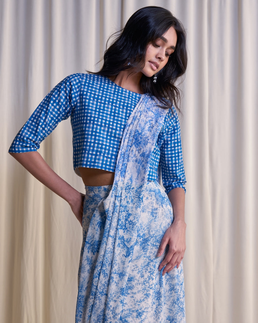 Linen Madras Check Print Top & Toile Print Sari Drape Skirt