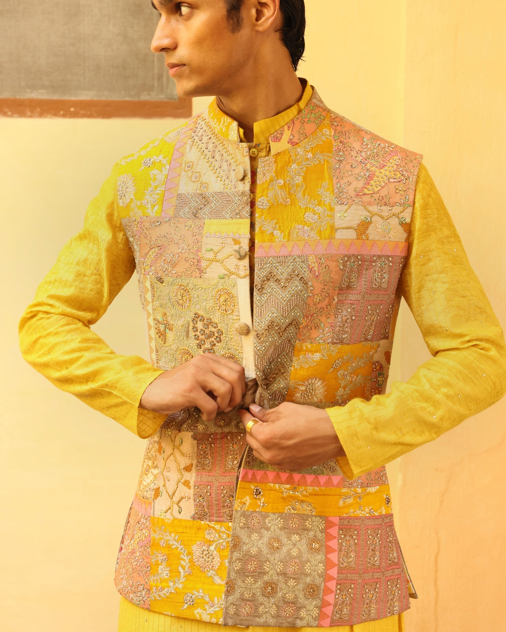 Mustard Kurta Set With Textured Jacket