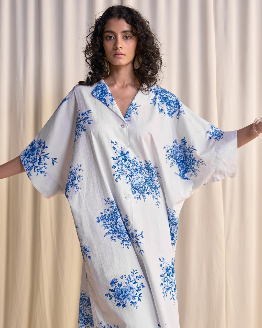 Linen Porcelain Print Motif Shirt & Madras Check Print Pant Set