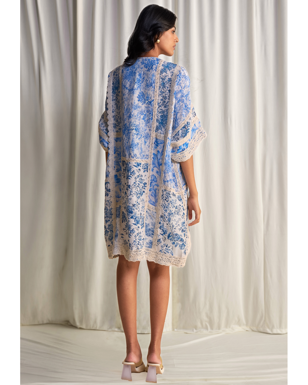 Silk-Linen Porcelain Print Patchwork Dress