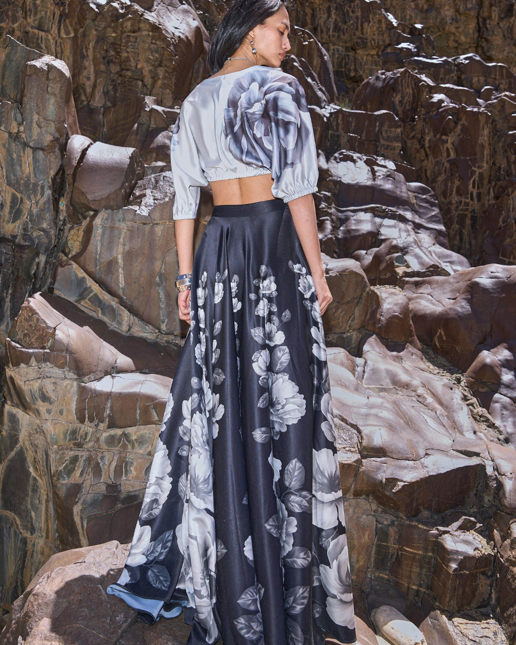 Greyscale Floral Print Maxi Skirt and Crop Top Set