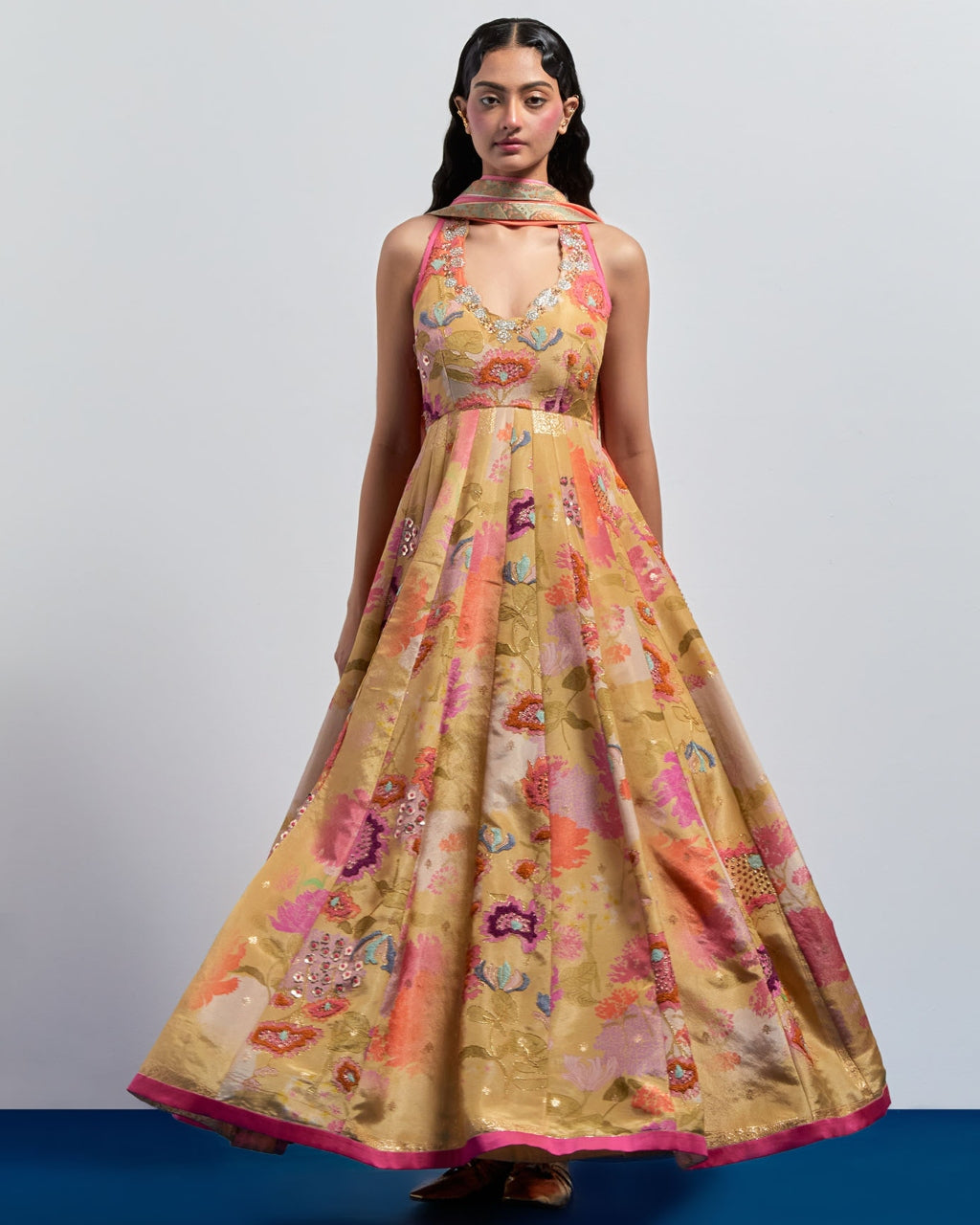 Beige Yellow Floral Embroidered Anarkali Set