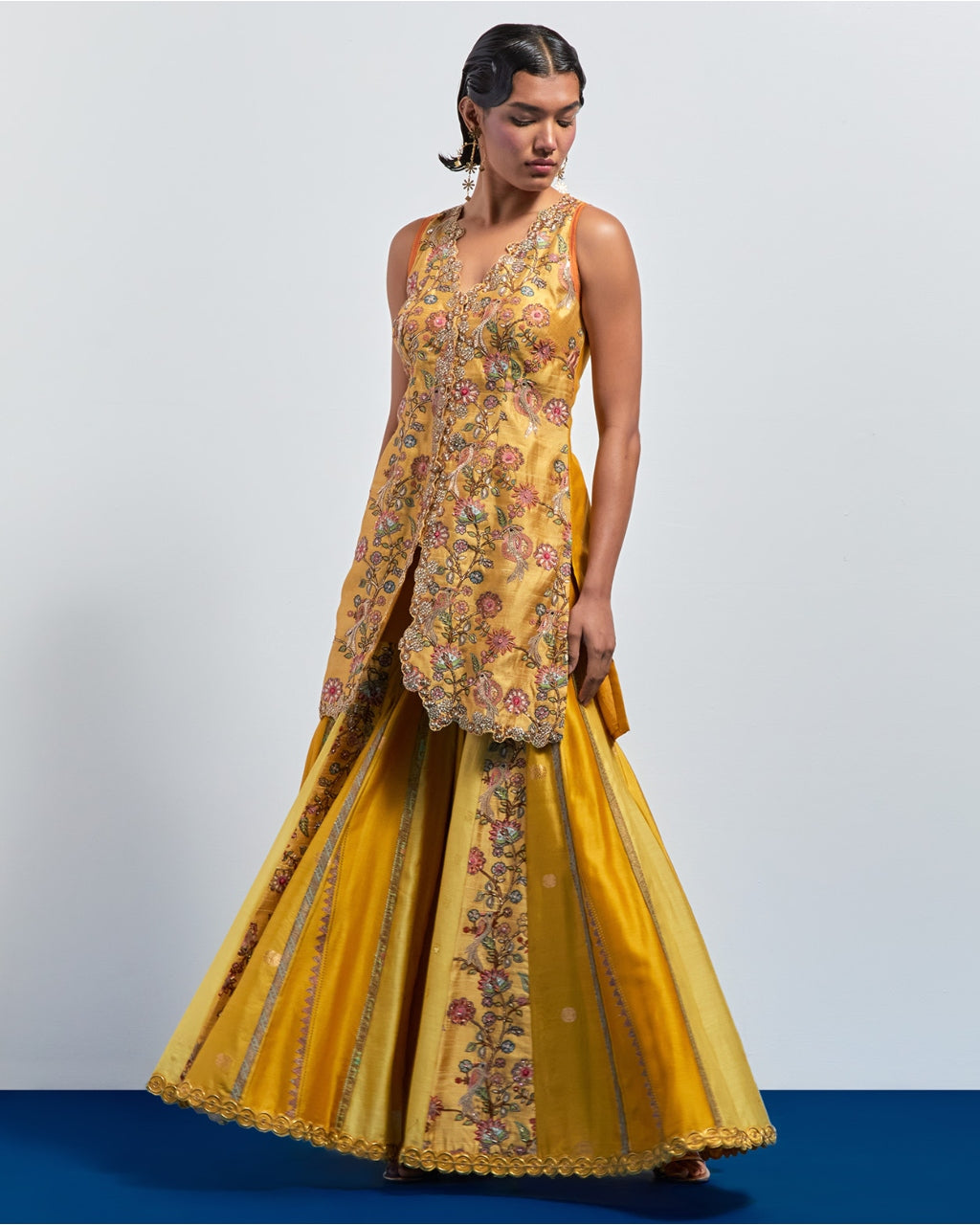 Mustard Yellow Embroidered Peplum Sharara Set