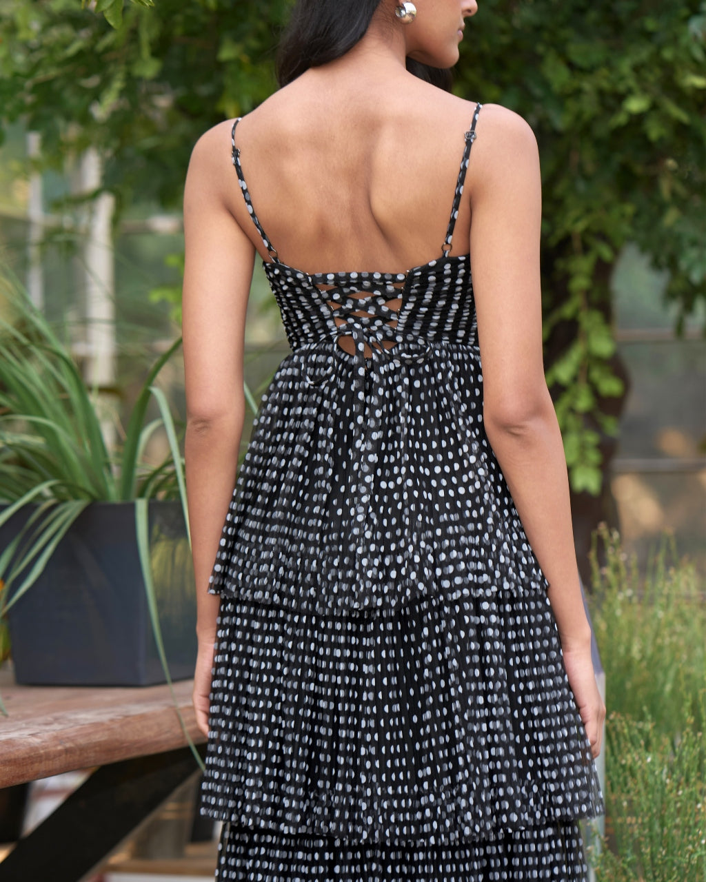 Pleated Polka Dot Tiered Maxi