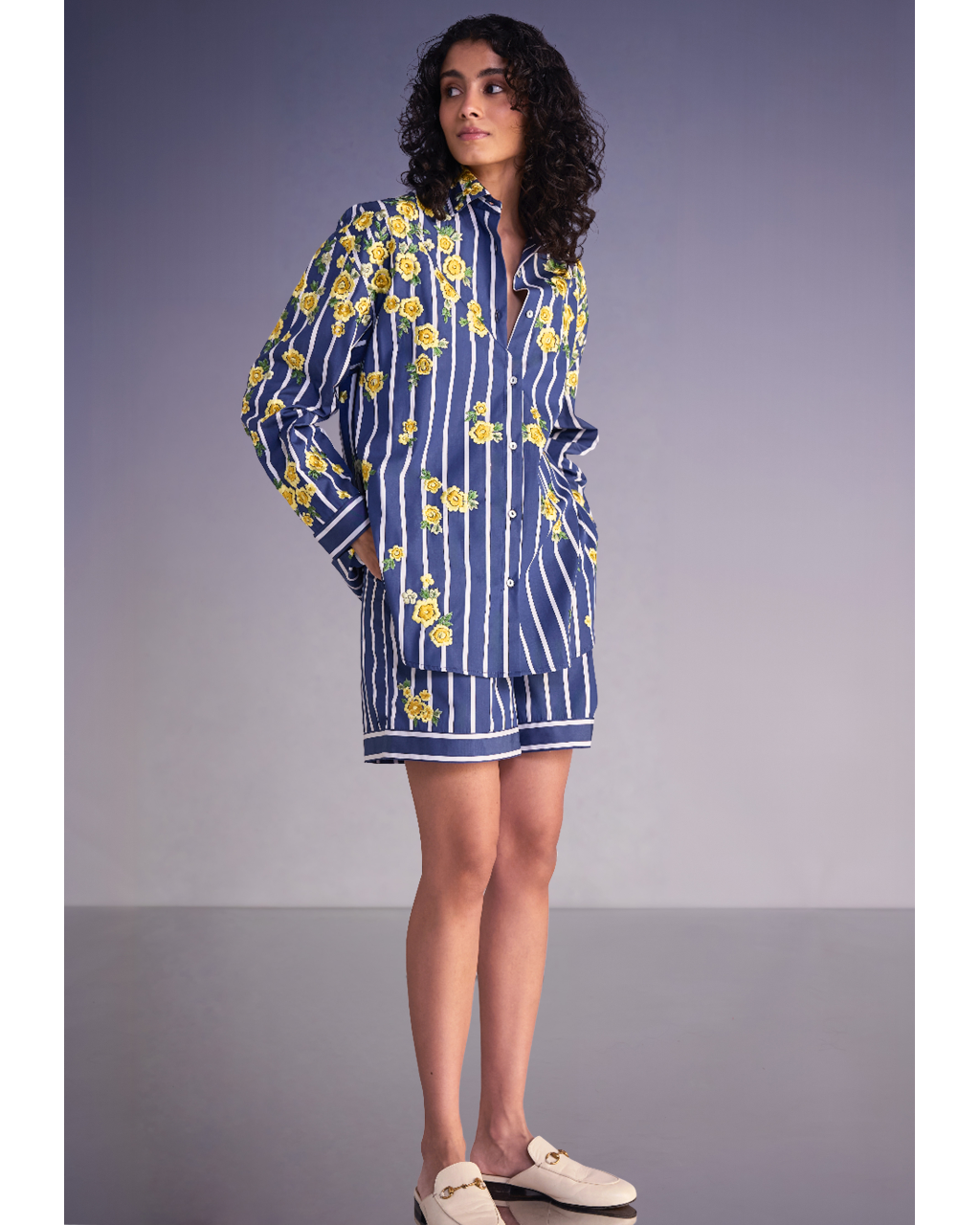 Floral Embroidered Stripe Shirt & Shorts Set