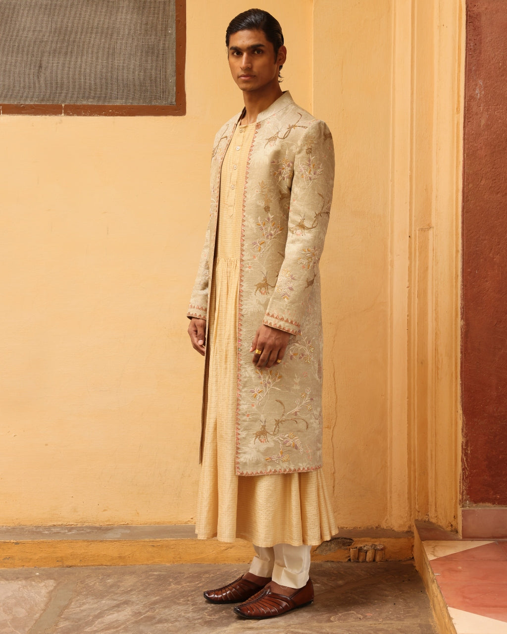Ivory Silk Embroidered Sherwani Set.
